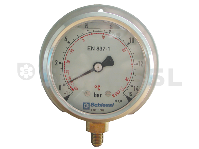 Schiessl Druckmanometer -1/+30bar 80mm R507 7/16 UNF Glyz. RH