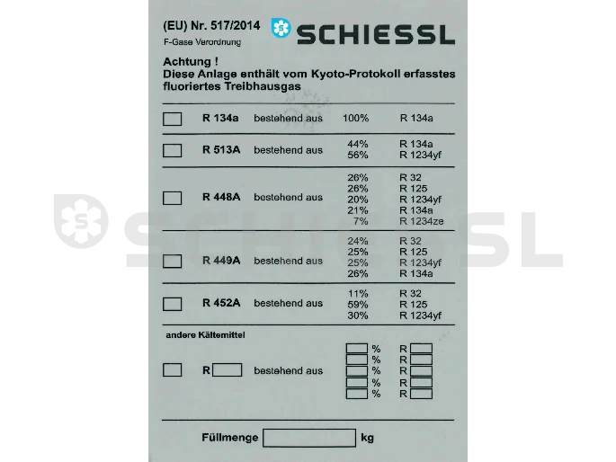 Adhesive label for refrigeration systems EU 517/2014 F-Gase Ver./Kyoto-Protocol