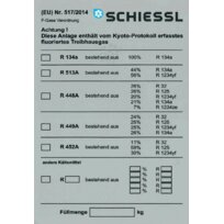 Adhesive label for refrigeration systems EU 517/2014 F-Gase Ver./Kyoto-Protocol